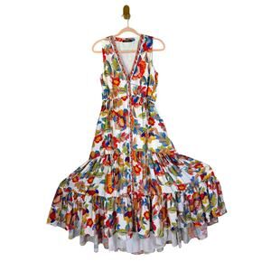 KOBI HALPERIN Dress Large Midi Floral Tiered Tropical Bohemian Slight High-Low